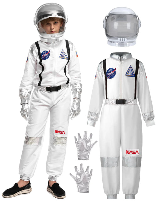 Kids astronaut costume set with white jumpsuit, gloves, helmet and NASA patches.