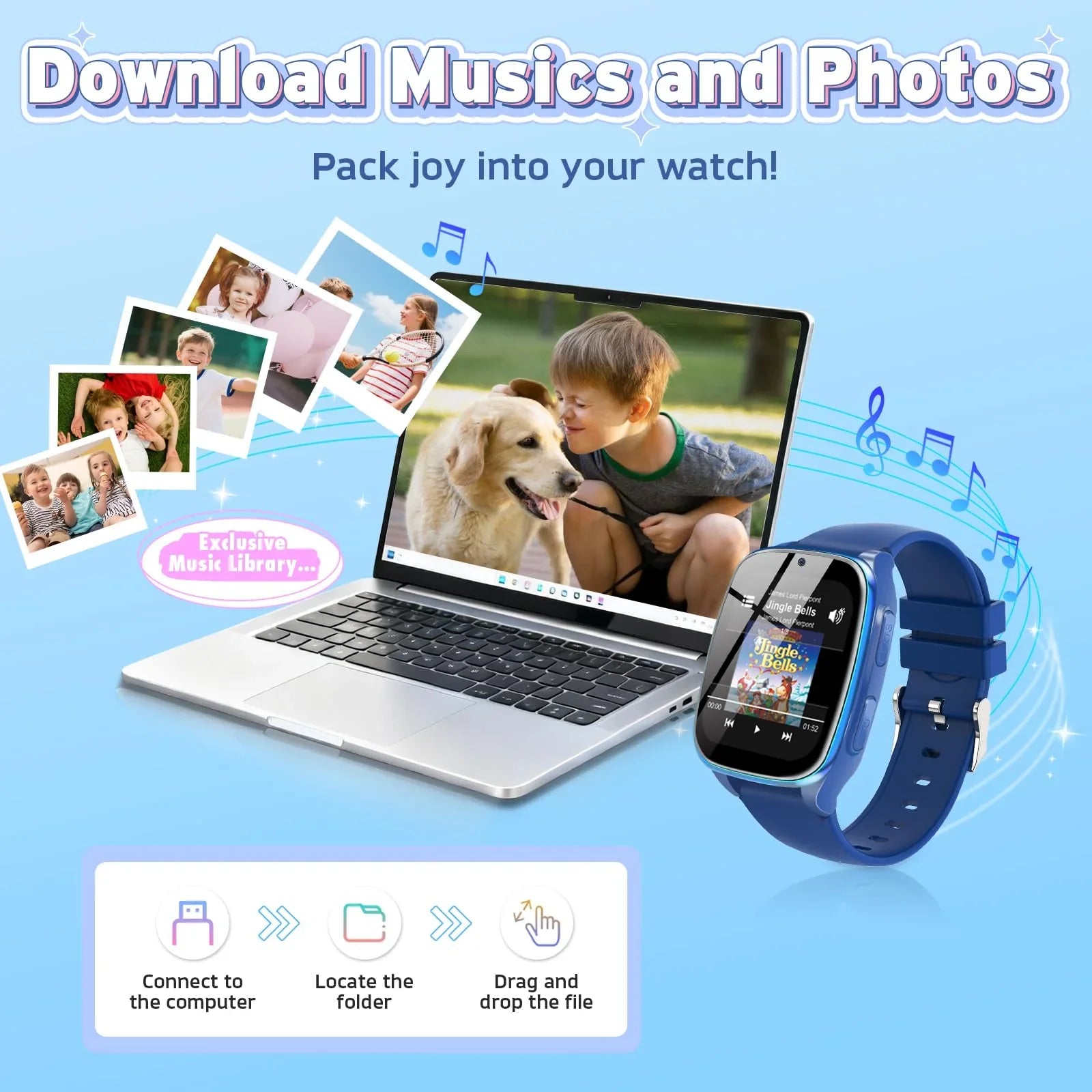 Children's smartwatch next to laptop, showing music and photo file transfer for kids