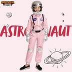 Smiling child wearing a pink astronaut costume with helmet, space patches, and silver gloves