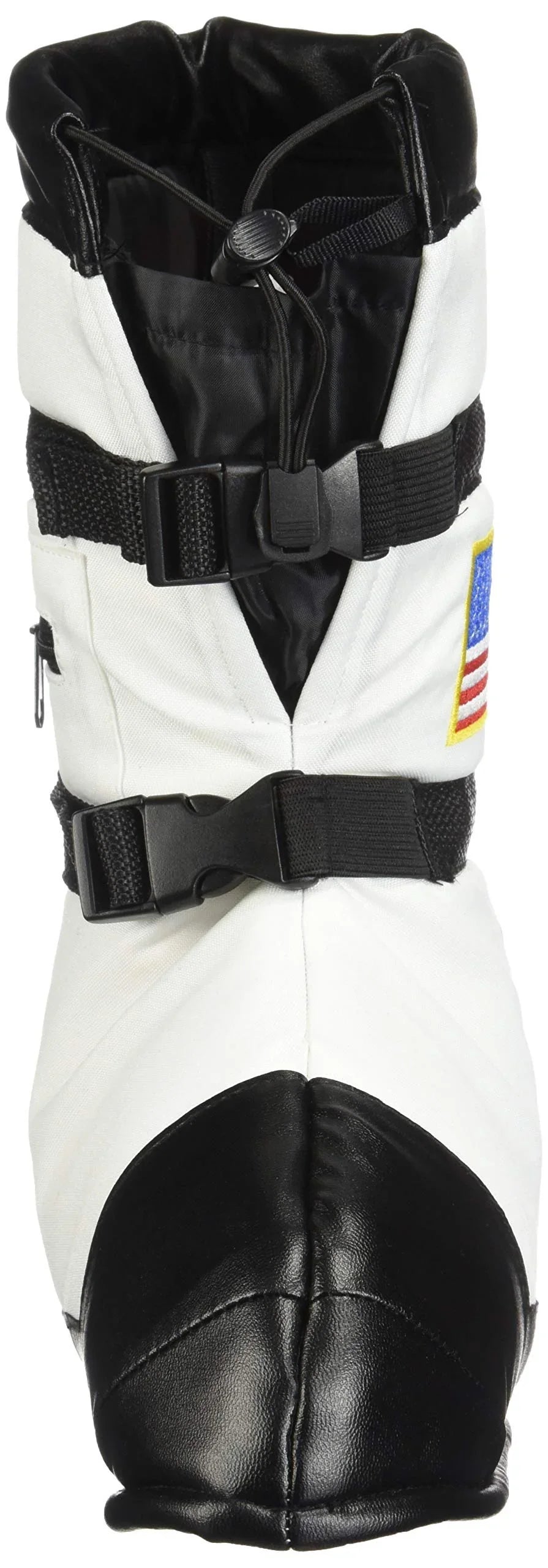 White space boot slipper with black toe, adjustable straps, and American flag patch