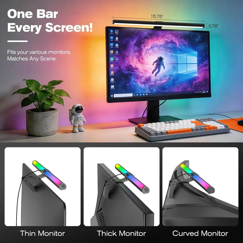 RGB monitor light bar on desktop monitor with astronaut wallpaper, works on thin, thick, and curved screens.