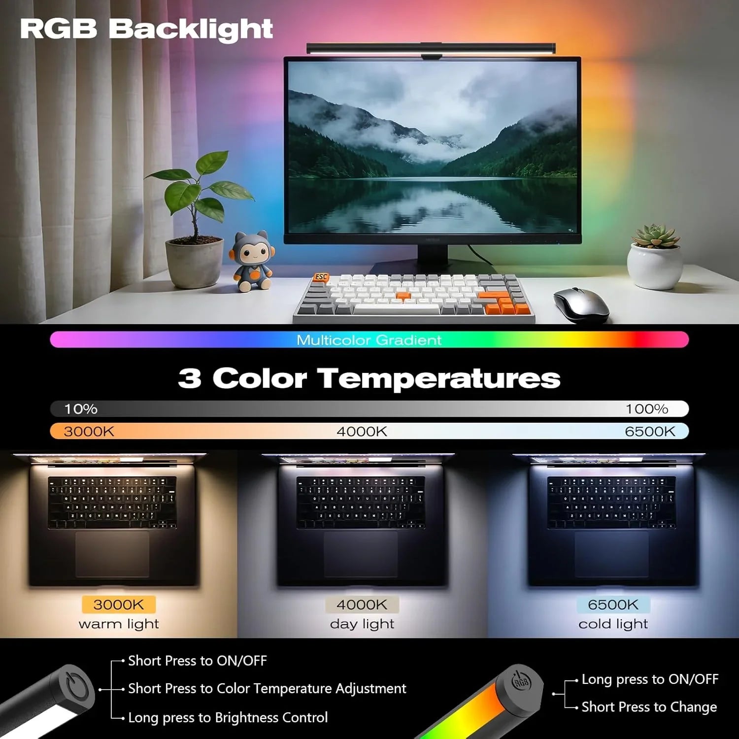 Monitor light bar with RGB backlight and adjustable color temperature, shown on a desk setup.