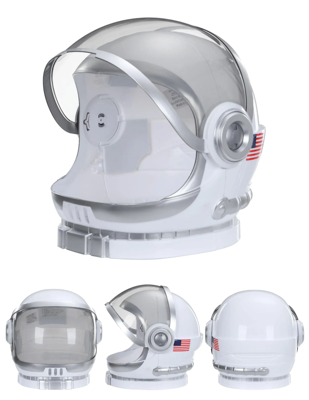 White toy astronaut helmet with clear visor and US flag, shown from multiple angles