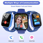 Blue kids' smart watches showing video call, voice call, and voice chat screens.
