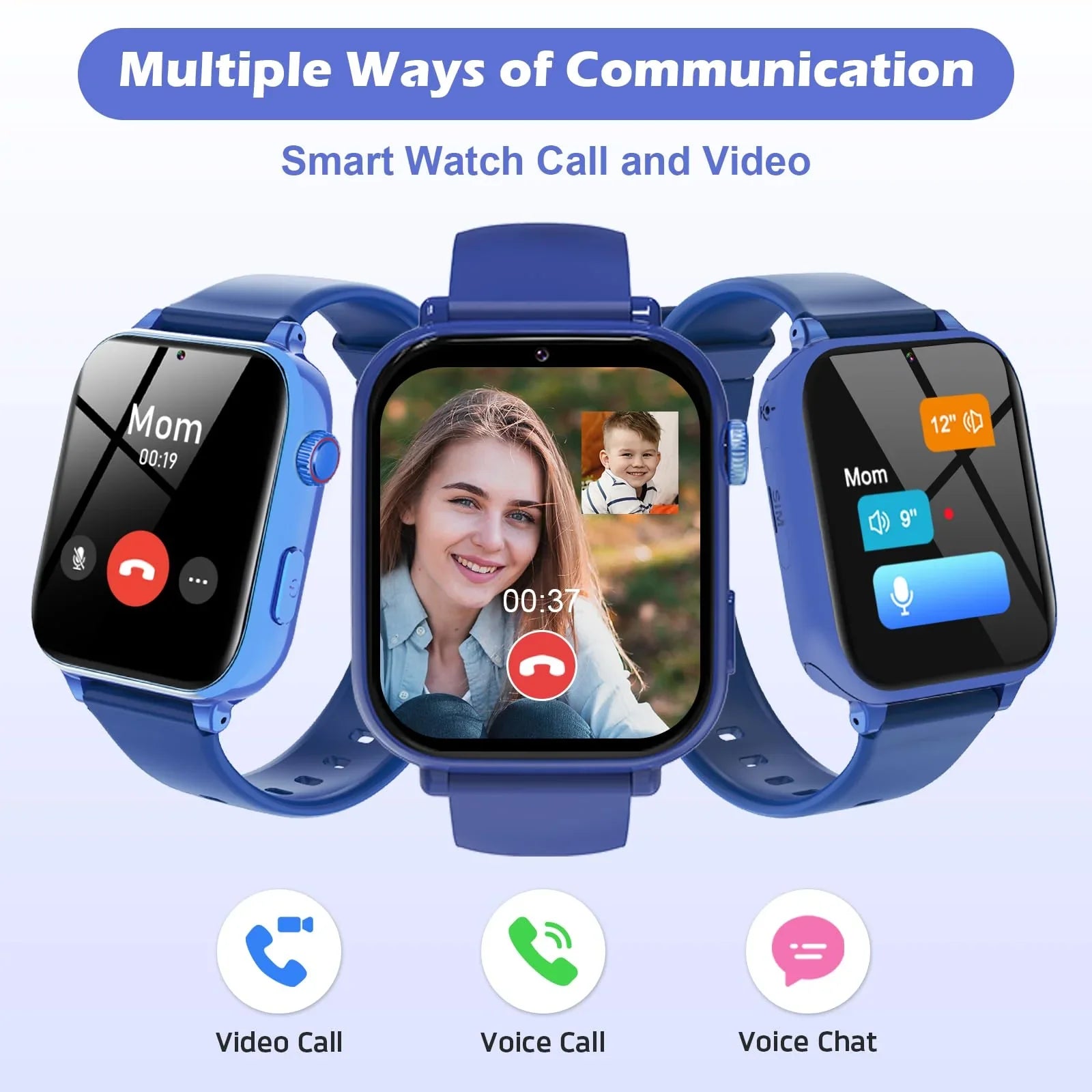 Blue kids' smart watches showing video call, voice call, and voice chat screens.