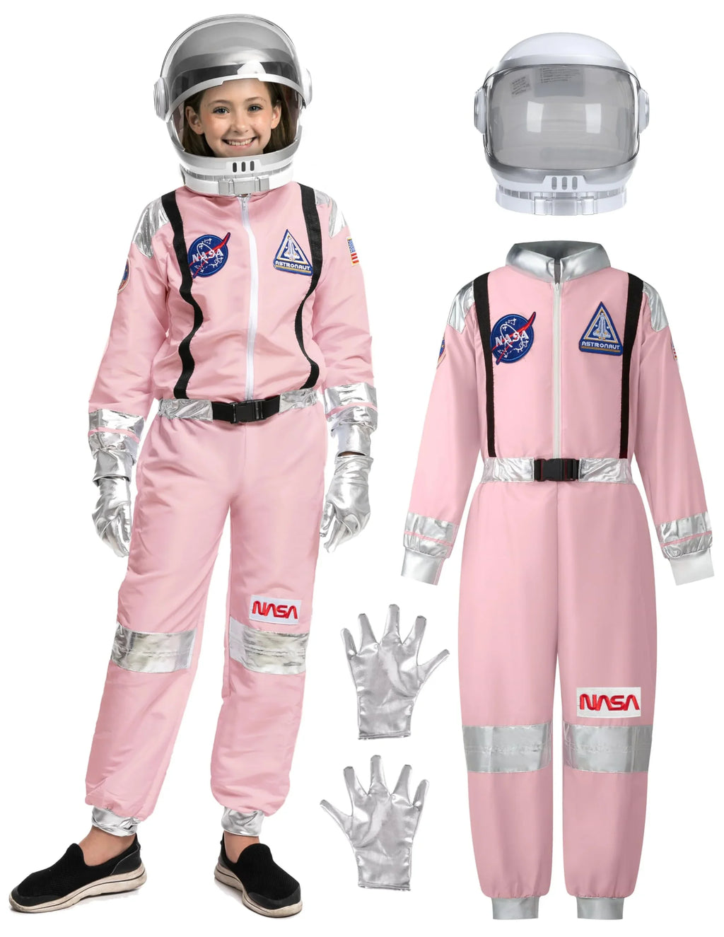 Kids pink astronaut costume set with NASA patches, helmet, and silver gloves for dress-up