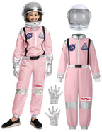 Kids pink astronaut costume set with NASA patches, helmet, and silver gloves for dress-up