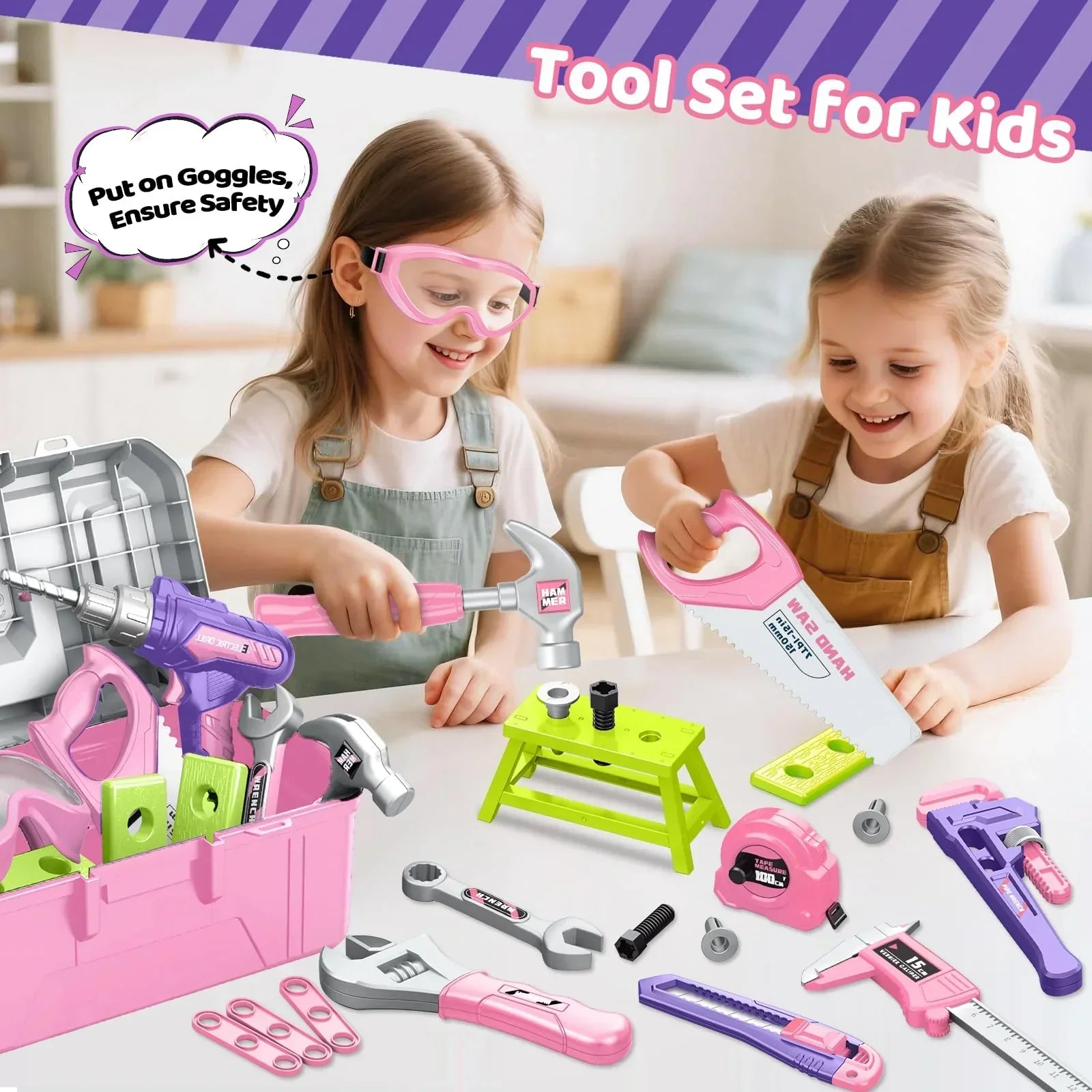 Two girls playing with colorful kids’ tool set, including toy saw, hammer, and goggles on table