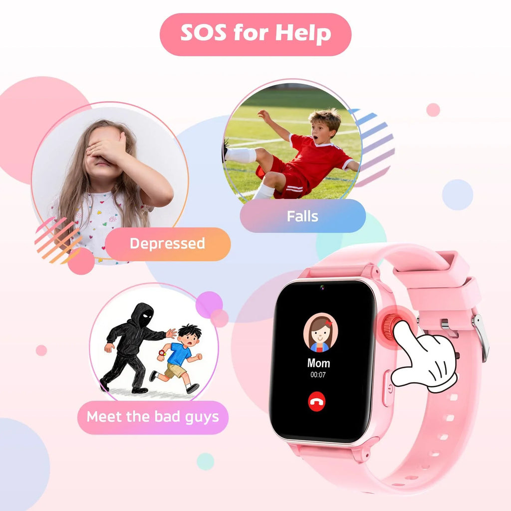 Children's pink smartwatch with SOS button for help, showing uses for emergencies, falls, or distress.
