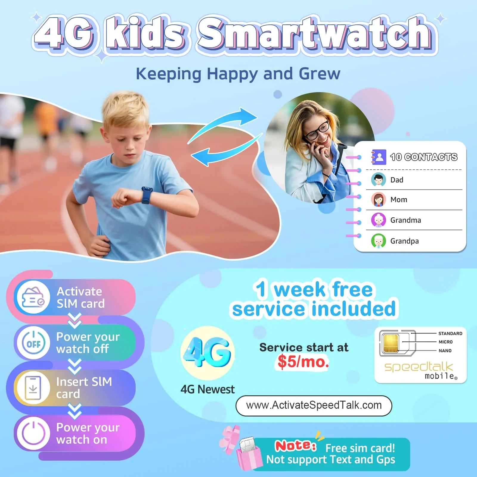 4G kids smartwatch with boy using it outdoors, supports calls to family, SIM card setup steps shown.