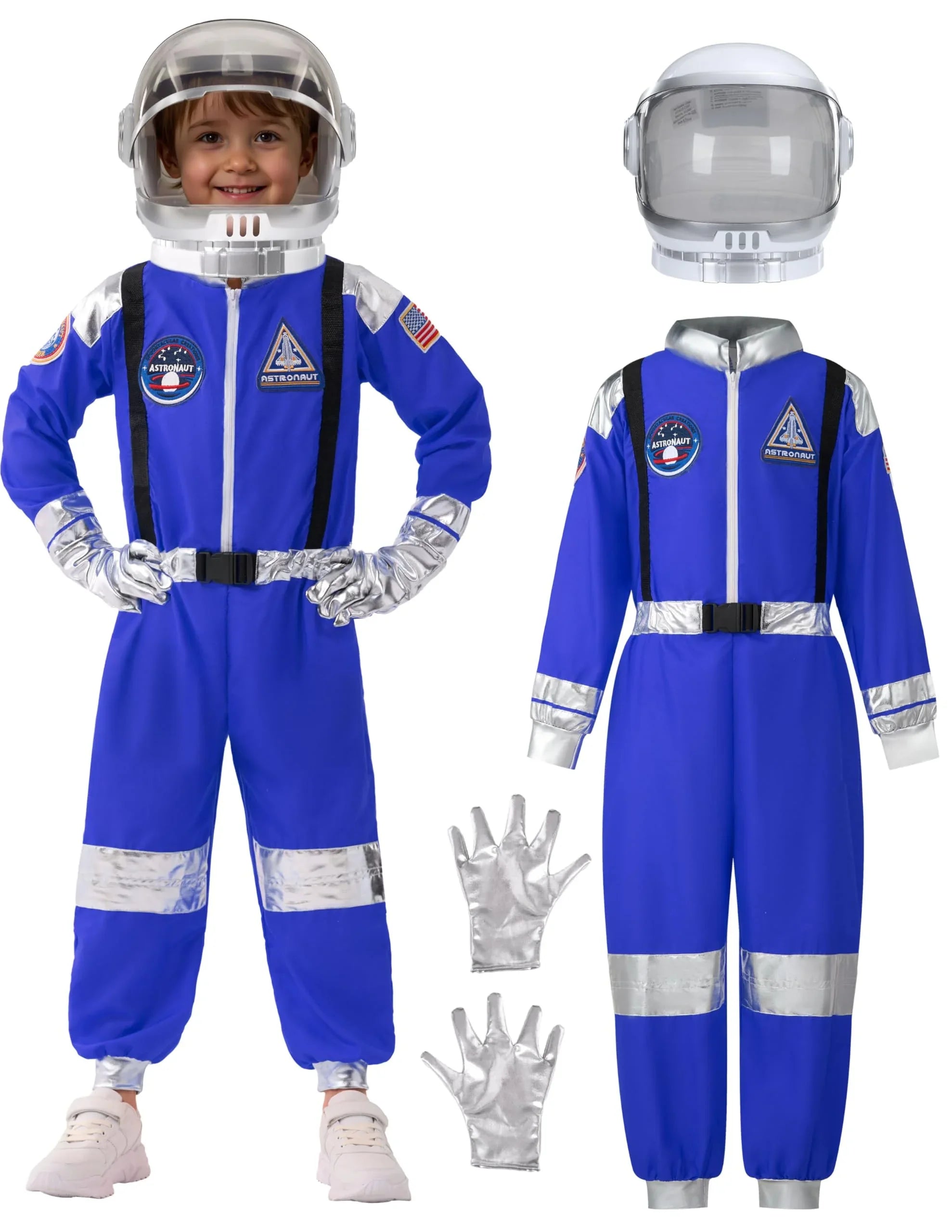 Kids blue astronaut costume set with helmet and gloves, space suit for role play