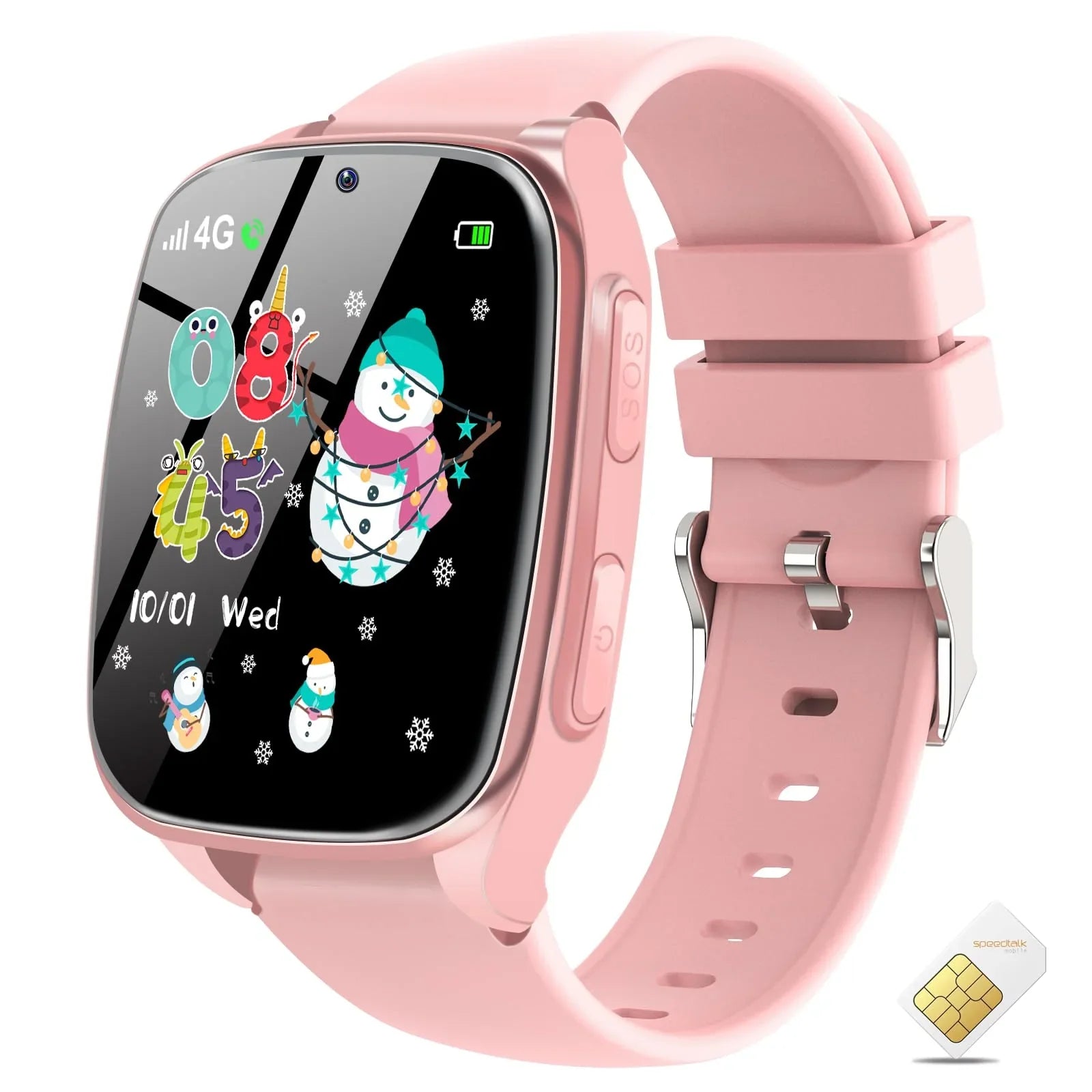Pink kids smart watch with Christmas snowman display, 4G, and SIM card support