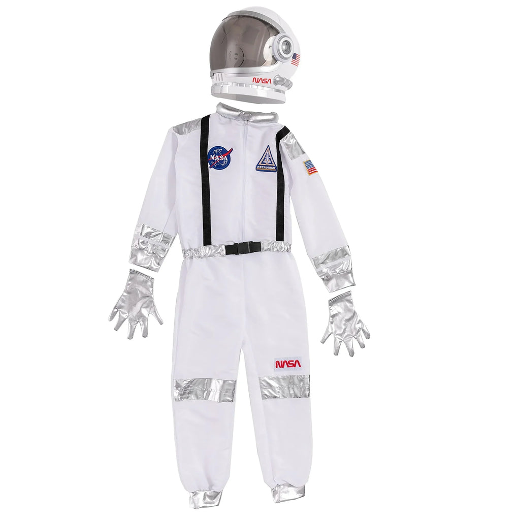 Kids astronaut costume with NASA patches, white suit, silver gloves, and helmet