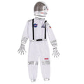 Kids astronaut costume with NASA patches, white suit, silver gloves, and helmet