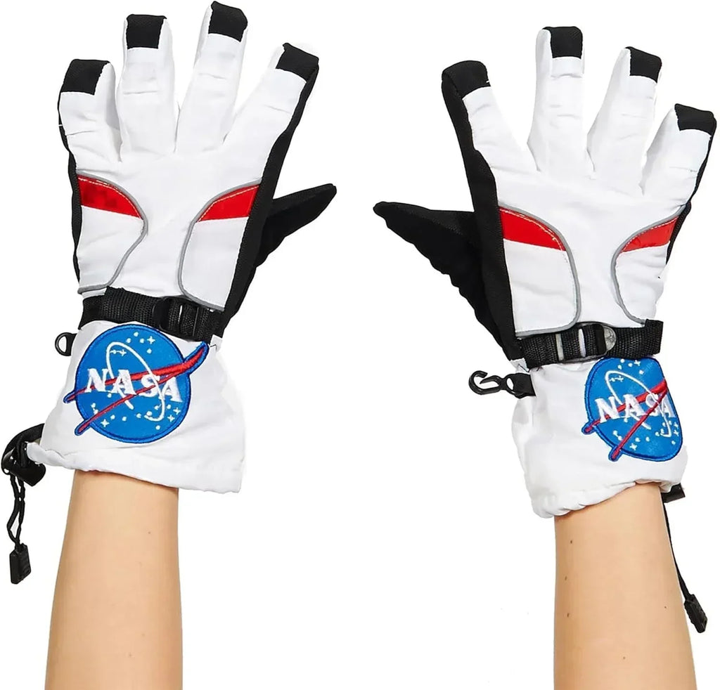 White astronaut costume gloves with NASA logo, black and red details, worn on hands