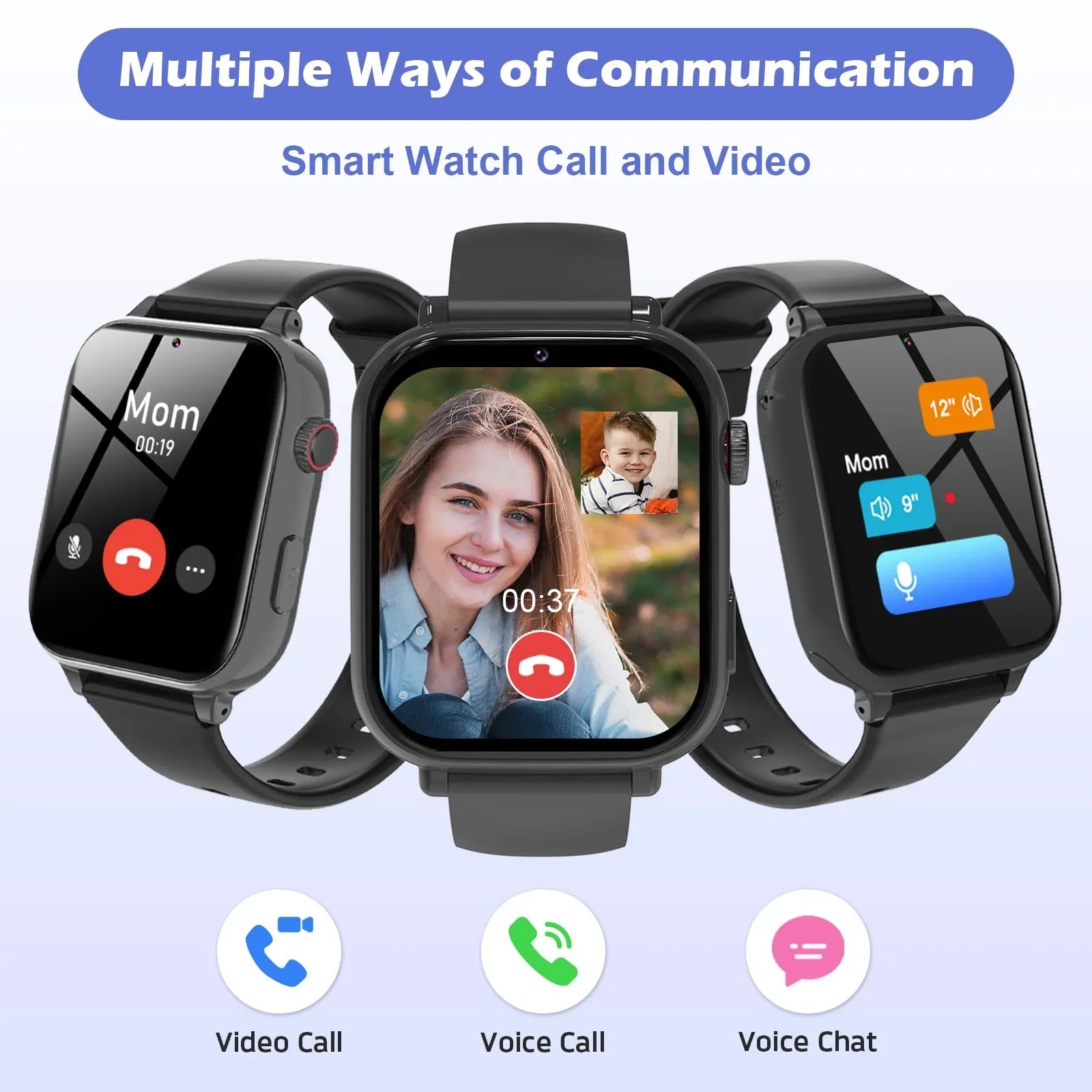 Smart watches for kids with video call, voice call, and chat features displayed on screen.