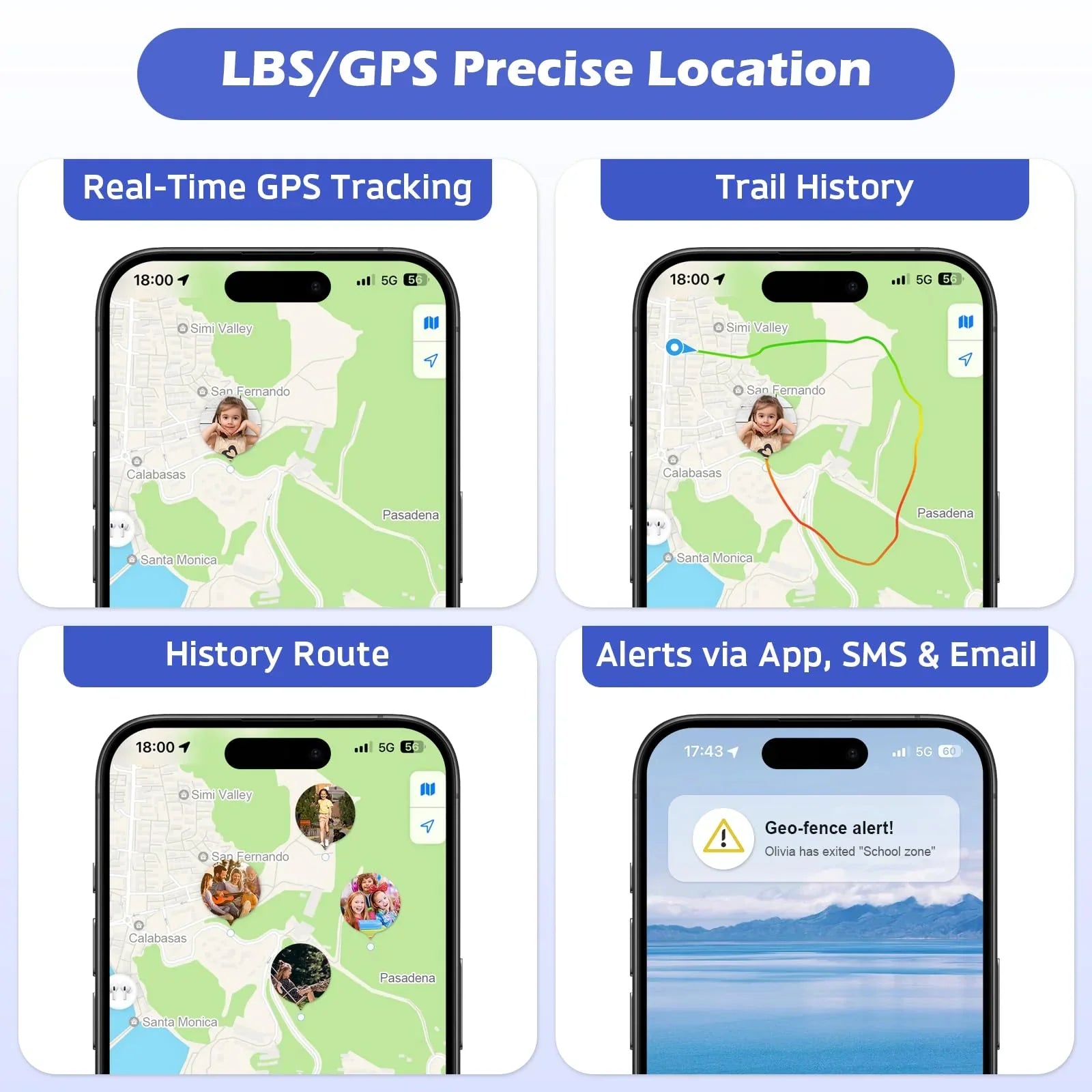 Smartphone screenshots showing LBS and GPS location features for real-time child tracking, trail history, route history, and geo-fence alerts.
