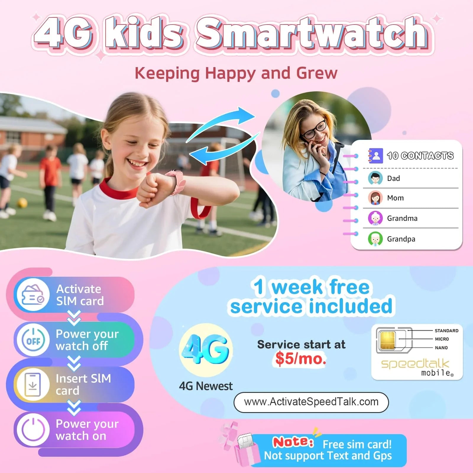 4G kids smartwatch for communication, girl using smart watch on playground, SIM card info