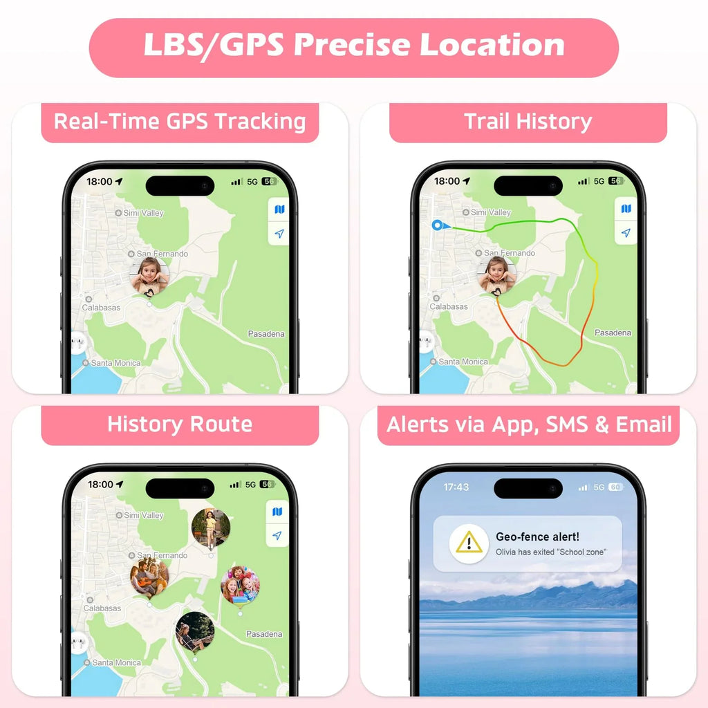 Smartphone app showing LBS/GPS precise location, real-time tracking, trail history, route, and geo-fence alerts for child safety.
