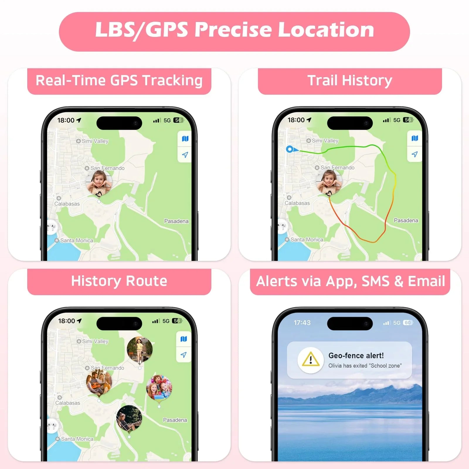 Smartphone app showing LBS/GPS precise location, real-time tracking, trail history, route, and geo-fence alerts for child safety.