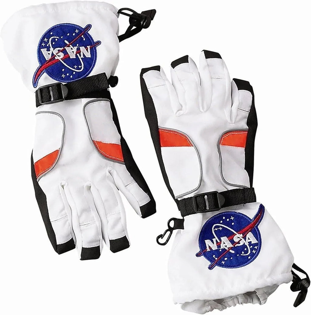 White NASA costume astronaut gloves with red accents and adjustable straps