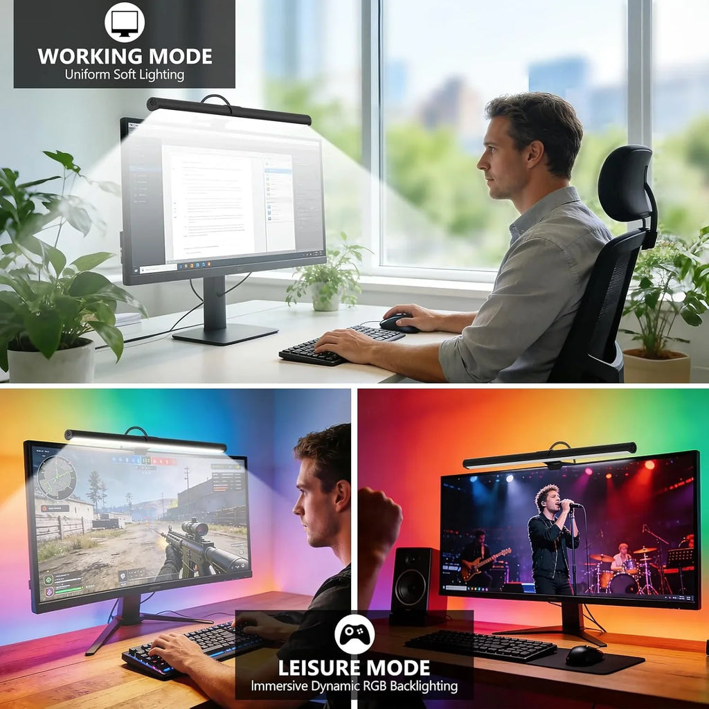 LED monitor light bar with adjustable white and RGB backlighting for work, gaming, entertainment