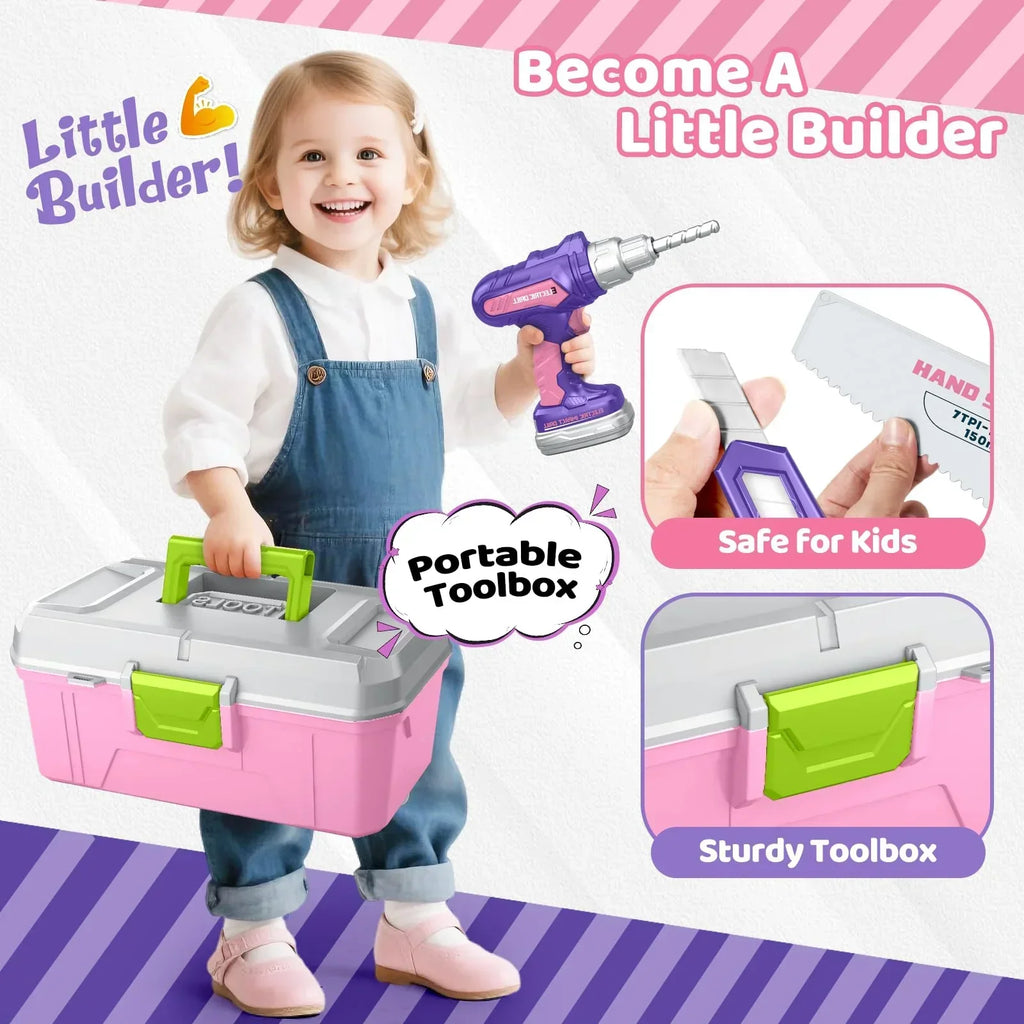 Toddler holding kids tool set with pink portable toolbox and toy drill, safe and sturdy design