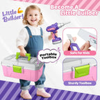 Toddler holding kids tool set with pink portable toolbox and toy drill, safe and sturdy design