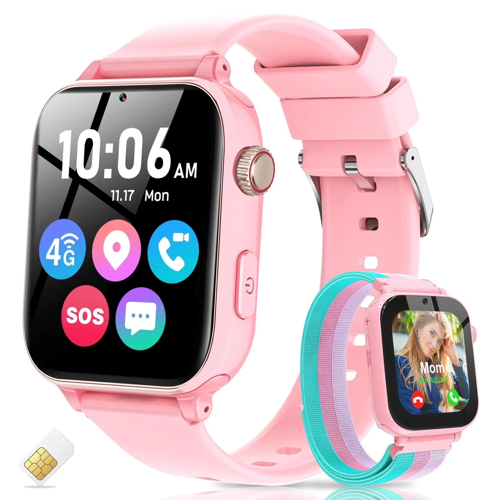 Kids pink smartwatch with 4G, SOS, GPS, video call and SIM card features, shown close up