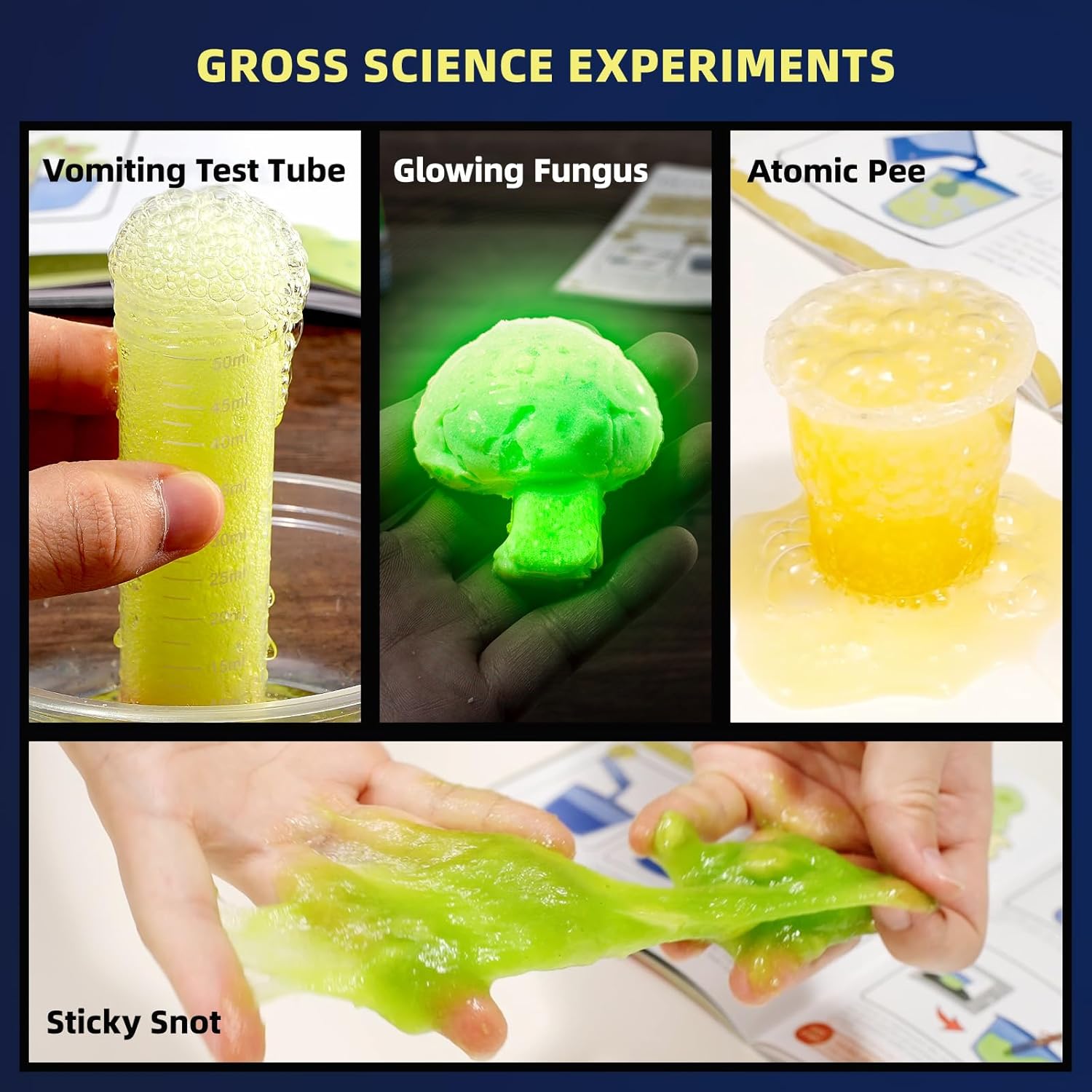 STEM science kit activities for kids featuring glowing fungus, bubbling test tube, sticky slime, and fizzy experiment.