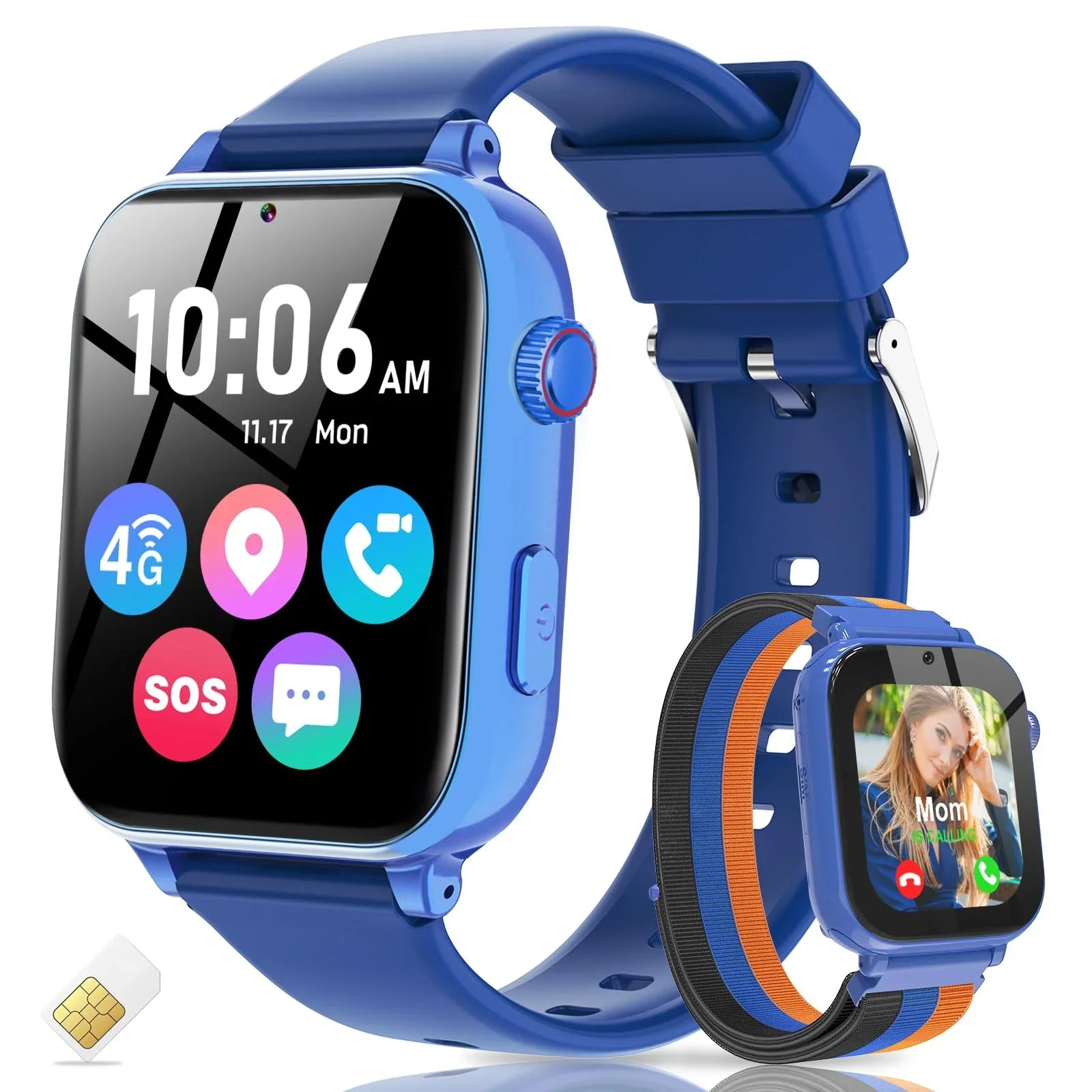 Kids smart watch with blue strap, 4G connectivity, SOS button, call and chat icons, SIM card