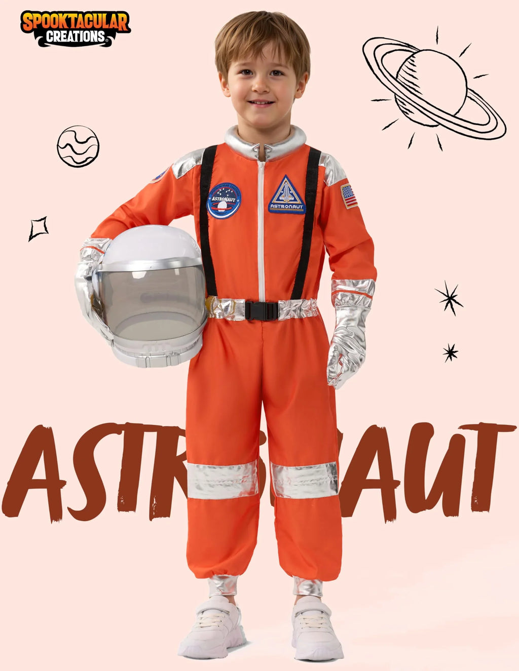Child in orange astronaut costume holding helmet, space-themed background, educational toy