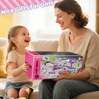 Mother and daughter smiling, holding a pink toy tool set gift for girls, ages 3 and up.