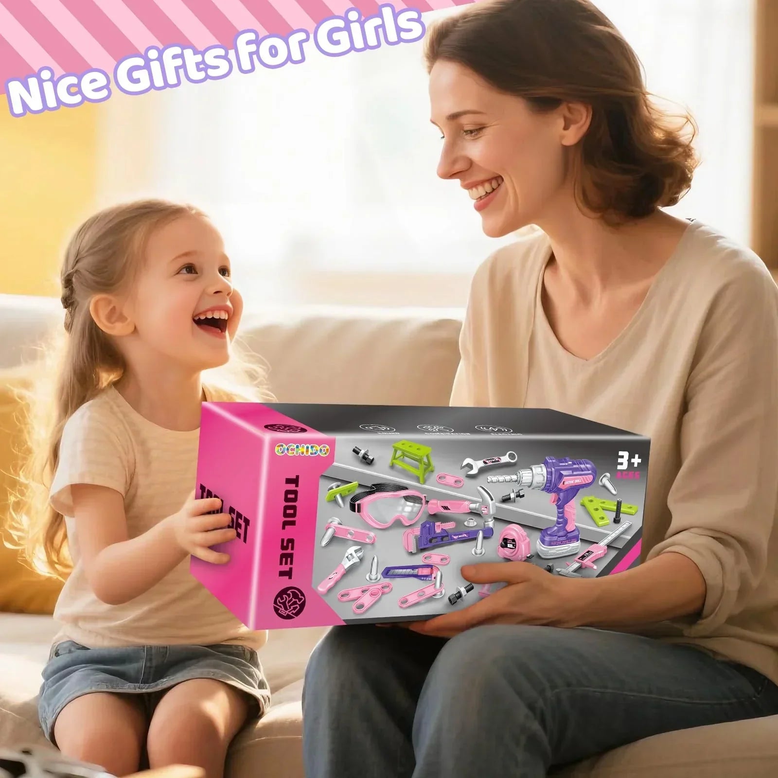 Mother and daughter smiling, holding a pink toy tool set gift for girls, ages 3 and up.