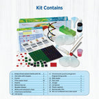STEM science kit with DNA model, lab tools, genetic worksheets, and petri dishes for kids