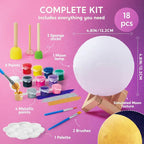 Moon lamp painting kit with paints, brushes, sponges, palette, and wooden stand.