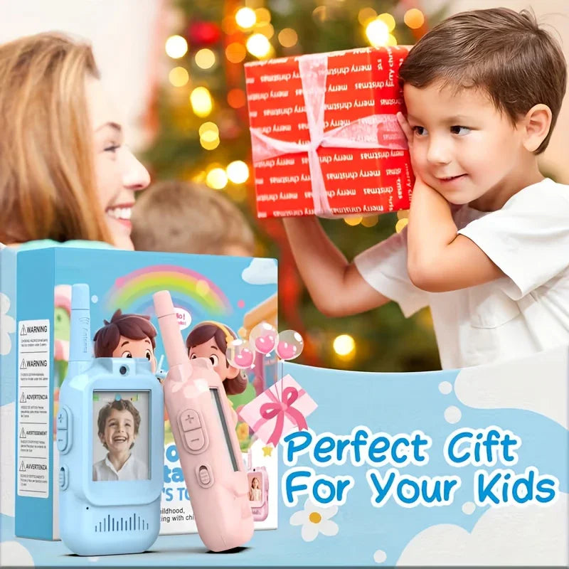 Kids walkie talkie toy set with gift box, child and woman smiling by Christmas tree, holiday gift