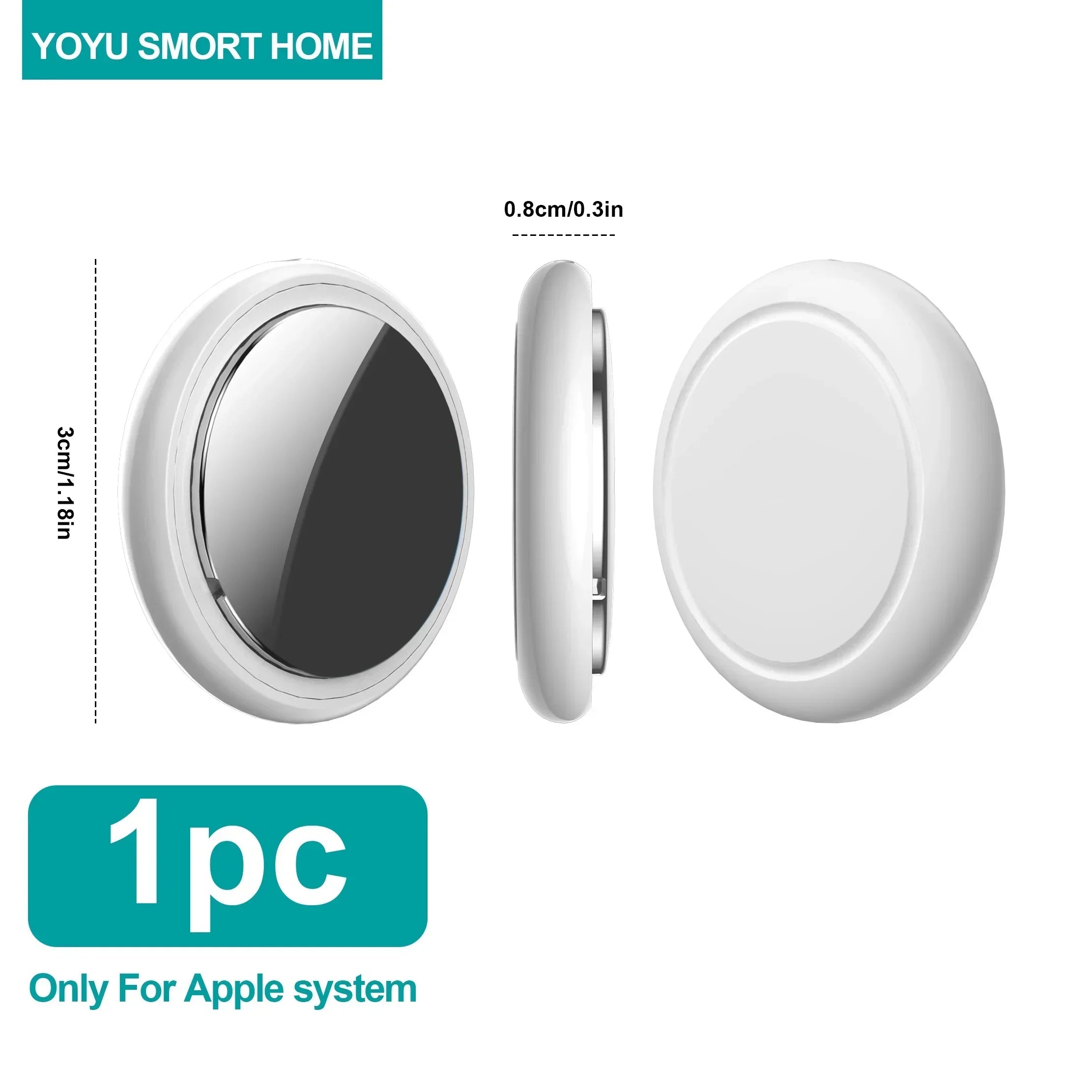 Round white smart tracker case for Apple system, compact design, three angles shown