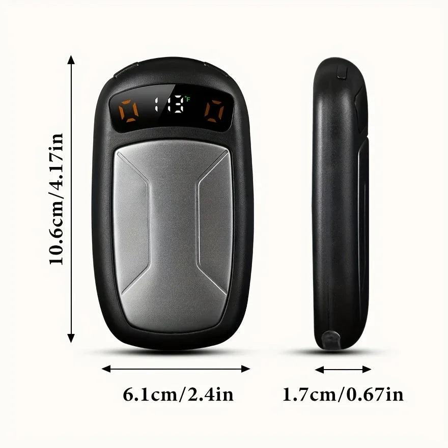 Compact digital hand warmer with LED temperature display, black and silver, product dimensions shown.