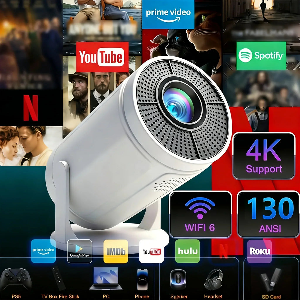 Smart projector with 4K support, WiFi 6, streaming app logos, and entertainment icons.