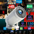 Smart projector with 4K support, WiFi 6, streaming app logos, and entertainment icons.