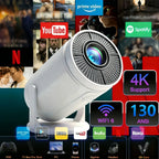 Smart projector with 4K support, WiFi 6, streaming app logos, and entertainment icons.