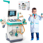 Child in doctor costume with medical playset trolley and toy instruments, STEM learning toy