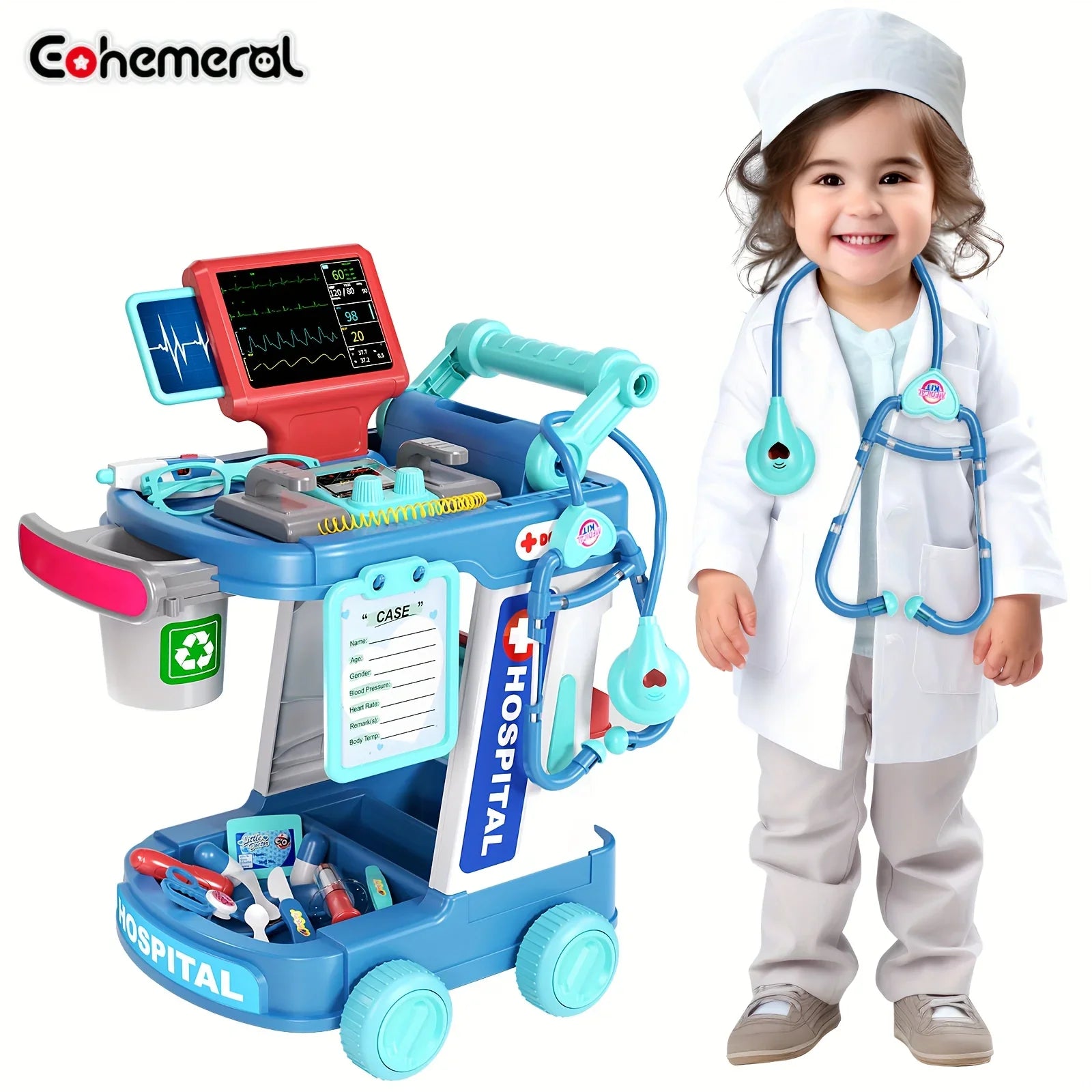 Child in doctor costume with medical STEM toy hospital cart equipped with play tools and monitor.