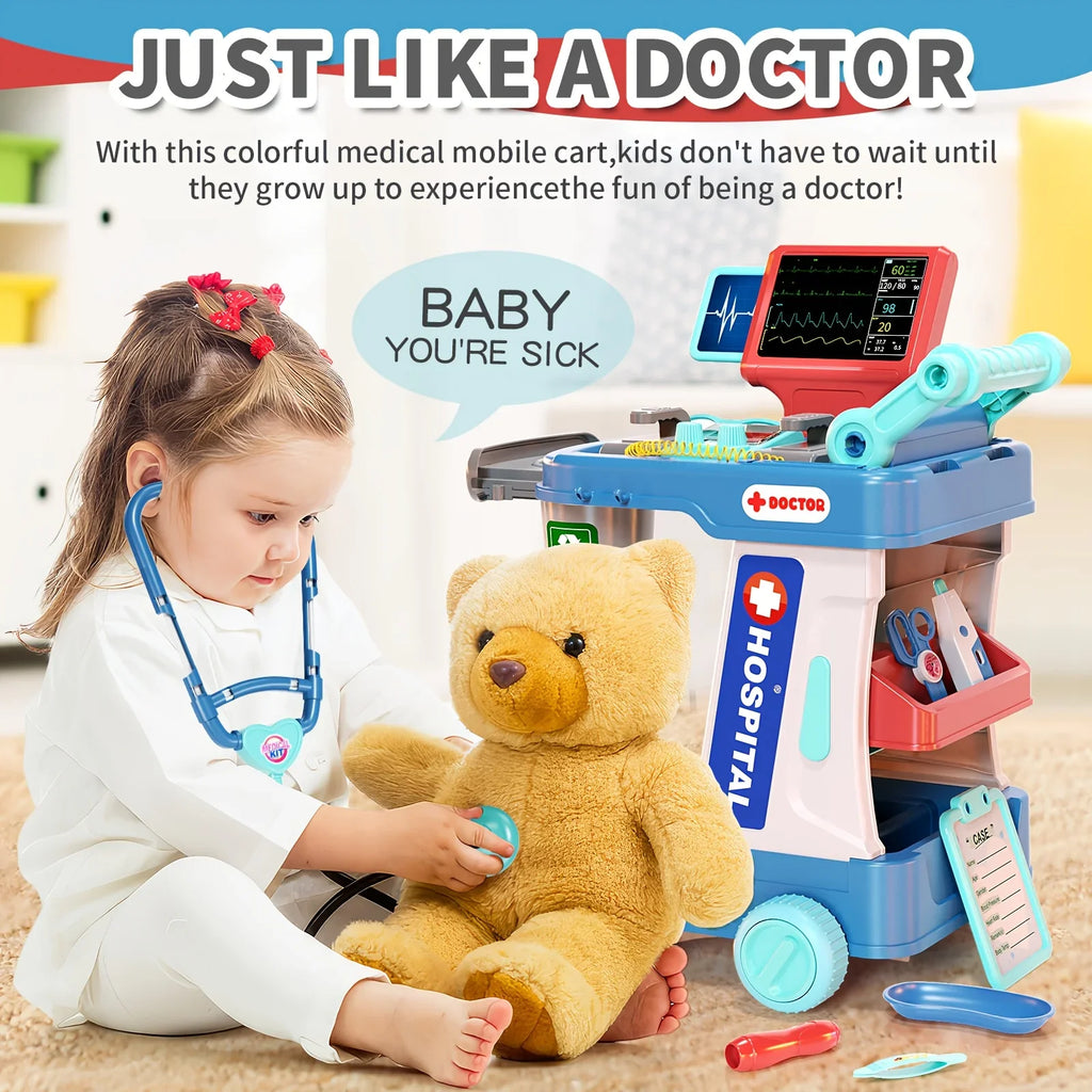 Child playing doctor with toy medical cart, stethoscope, and teddy bear for STEM learning