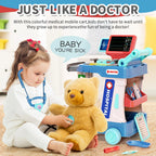 Child playing doctor with toy medical cart, stethoscope, and teddy bear for STEM learning