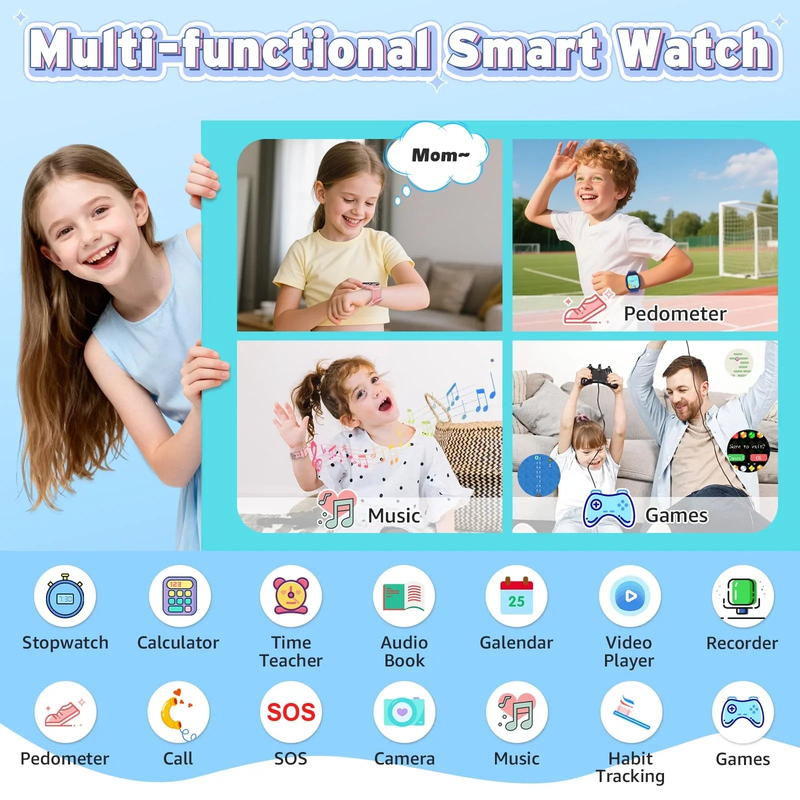 Kids using a multi-functional smart watch with features like pedometer, music, and games