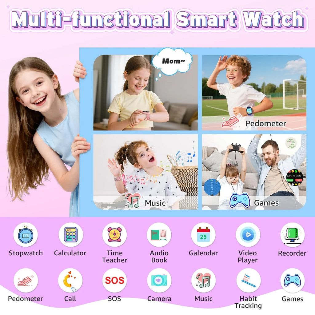 Kids using multi-functional smart watch with features like pedometer, music, games, and camera.