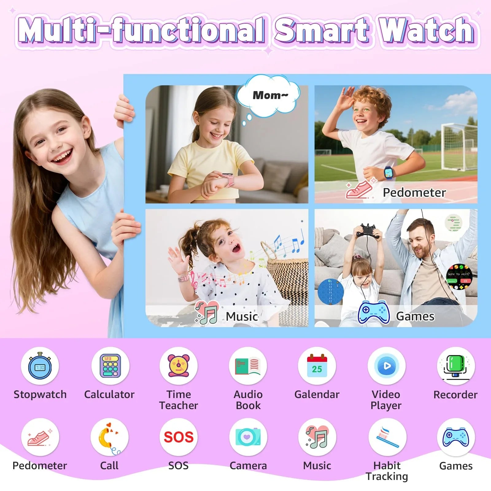 Kids using multi-functional smart watch with features like pedometer, music, games, and camera.