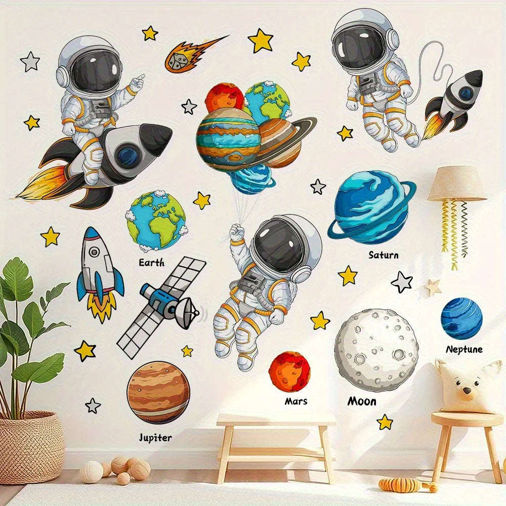 Colorful kids space wall stickers with cartoon astronauts, rockets, planets, and stars.